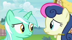 Size: 1280x720 | Tagged: safe, screencap, bon bon, lyra heartstrings, sweetie drops, earth pony, pony, unicorn, triple threat, confused, discovery family logo, duo, female, looking at each other, mare