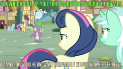 Size: 638x359 | Tagged: safe, edit, edited screencap, editor:undeadponysoldier, screencap, amethyst star, junebug, linky, lyra heartstrings, shoeshine, sparkler, spike, dragon, earth pony, pony, unicorn, triple threat, discovery family logo, female, image, in love, male, mare, meme, ponyville, shipping, spike gets all the mares, spikebon, spyra, spyrabon, straight, vulgar