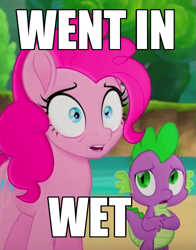 Size: 575x734 | Tagged: safe, edit, edited screencap, screencap, pinkie pie, spike, dragon, earth pony, pony, my little pony: the movie, cropped, duo, female, image macro, male, mare, meme