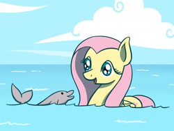 Size: 1800x1350 | Tagged: safe, artist:flutterluv, fluttershy, dolphin, pegasus, pony, cute, female, hilarious in hindsight, mare, shyabetes, smiling, swimming, water