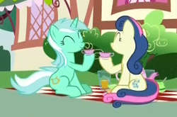 Size: 336x222 | Tagged: safe, screencap, bon bon, lyra heartstrings, sweetie drops, earth pony, pony, unicorn, she talks to angel, background pony, cropped, cup, duo, eyes closed, female, hoof hold, juice, mare, picnic, picture for breezies, smiling, teacup