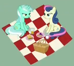 Size: 282x250 | Tagged: safe, screencap, bon bon, lyra heartstrings, sweetie drops, pony, she talks to angel, basket, blanket, cropped, drinking glass, overhead view, picnic, picnic basket, picture for breezies, plates