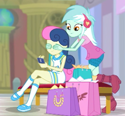 Size: 530x491 | Tagged: safe, screencap, bon bon, lyra heartstrings, sweetie drops, better together, equestria girls, holidays unwrapped, covering eyes, cropped, dashing through the mall, female, guess who, leg focus