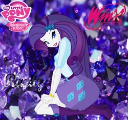 Size: 921x867 | Tagged: safe, artist:redillita, rarity, equestria girls, barely eqg related, bracelet, clothes, crossover, diamond, gemstones, jewelry, lipstick, my little pony logo, rainbow s.r.l, shoes, style emulation, winx club, winxified