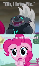 Size: 882x1473 | Tagged: safe, edit, edited screencap, screencap, grubber, pinkie pie, pony, my little pony: the movie, caption, grubb pie, implied shipping, implied straight, quote, shipping, trailer