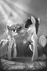 Size: 1346x2043 | Tagged: safe, artist:ramiras, lyra heartstrings, oc, oc:morning dew, earth pony, pony, unicorn, fanfic:background pony, clothes, dress, fanfic art, female, flower, male, monochrome, rose, straight