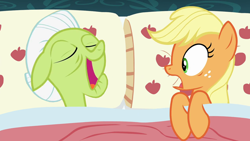 Size: 1280x720 | Tagged: safe, edit, edited screencap, screencap, applejack, granny smith, earth pony, pony, 28 pranks later, applejack's bed partner, bed, exploitable meme, implied incest, meme, pillow