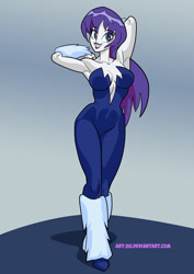 Size: 827x1169 | Tagged: safe, artist:art-2u, rarity, equestria girls, alternate hairstyle, arm behind head, armpits, breasts, cleavage, clothes, cosplay, costume, dc comics, killer frost, looking at you, raritits, unitard