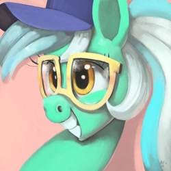 Size: 2000x2000 | Tagged: safe, artist:toisanemoif, lyra heartstrings, pony, bust, cap, glasses, hat, portrait, smiling, solo