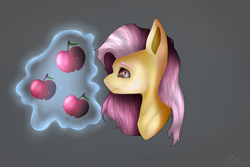 Size: 3000x2000 | Tagged: safe, artist:22poisoncookie22, fluttershy, bat pony, pony, apple, bust, flutterbat, food, levitation, magic, portrait, profile, race swap, simple background, solo, telekinesis