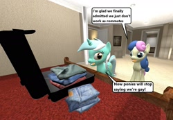 Size: 1560x1080 | Tagged: safe, artist:daemonbombinc, bon bon, lyra heartstrings, sweetie drops, 3d, bed, clothes, cute, gmod, packing, robot chicken, shirt, speech bubble, suitcase, text