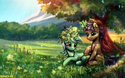 Size: 2390x1500 | Tagged: safe, artist:nancy-05, lyra heartstrings, oc, oc:streamsound, pony, unicorn, canon x oc, crepuscular rays, duo, female, field, floral head wreath, flower, flower field, glowing horn, grass, hat, horn, looking at each other, magic, male, mare, mountain, outdoors, scenery, smiling, stallion, straight, summer, tree, under the tree
