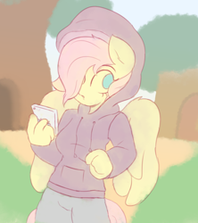 Size: 800x900 | Tagged: safe, artist:thepiday, fluttershy, anthro, clothes, hoodie, phone, solo, sweater, sweatershy