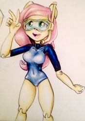 Size: 1831x2621 | Tagged: safe, artist:nolyanimeid, fluttershy, equestria girls, breasts, clothes, diving goggles, diving suit, doll, equestria girls minis, female, hootershy, open mouth, simple background, smiling, snorkel, solo, swimsuit, toy, traditional art, wetsuit