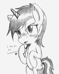 Size: 1072x1348 | Tagged: safe, artist:spackle, lyra heartstrings, pony, unicorn, bipedal, blushing, cute, female, heart, implied firecracker burst, love, lyrabetes, mare, monochrome, open mouth, raised hoof, simple background, smiling, solo, traditional art, white background