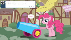 Size: 1280x720 | Tagged: safe, artist:hakunohamikage, pinkie pie, pony, ask, ask-princesssparkle, party cannon, solo, tumblr