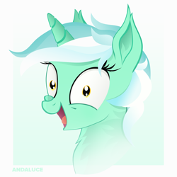 Size: 1500x1500 | Tagged: safe, artist:andaluce, derpibooru exclusive, lyra heartstrings, pony, unicorn, bust, excited, female, gradient background, happy, irrational exuberance, looking at you, mare, neck fluff, open mouth, portrait, smiling, solo, wide eyes