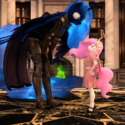 Size: 2000x2000 | Tagged: safe, artist:tahublade7, princess celestia, princess luna, alicorn, anthro, plantigrade anthro, 3d, age regression, armor, book, cewestia, clothes, female, filly, fire, fireplace, hand on hip, leaning forward, looking at each other, mary janes, pink-mane celestia, shoes, socks, warrior luna, younger