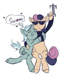 Size: 1113x1329 | Tagged: safe, artist:jellynut, bon bon, lyra heartstrings, sweetie drops, pony, slice of life (episode), blushing, bon bond, clothes, eyes closed, female, grappling hook, heart, lesbian, lyrabon, open mouth, secret agent sweetie drops, shipping, simple background, speech bubble, sunglasses, swoon, white background