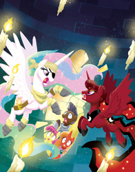 Size: 648x828 | Tagged: safe, artist:tonyfleecs, firebrand, princess celestia, princess luna, strong oak, thrilly filly, alicorn, pony, tails of equestria, cover, game, princess argent, princess solar, tabletop game, the haunting of equestria