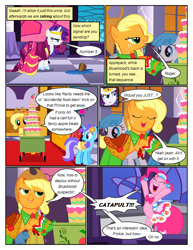 Size: 612x792 | Tagged: safe, artist:newbiespud, edit, edited screencap, screencap, applejack, diamond mint, lightning bolt, lyra heartstrings, pinkie pie, white lightning, earth pony, pegasus, pony, unicorn, comic:friendship is dragons, the best night ever, angry, background pony, bipedal, cart, clothes, comic, dialogue, dress, eyes closed, female, flower, flower in hair, freckles, gala dress, glare, hat, jewelry, looking back, looking up, mare, puddle, saddle, screencap comic, smiling, tack, tiara