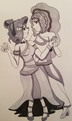 Size: 646x1080 | Tagged: safe, artist:zalla661, adagio dazzle, rarity, equestria girls, bedroom eyes, clothes, dress, holding hands, lidded eyes, looking at each other, monochrome, traditional art