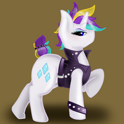 Size: 1280x1280 | Tagged: safe, artist:dragons-doodles, artist:milkssecondfavoritecookie, rarity, pony, unicorn, alternate hairstyle, brown background, cutie mark, female, looking at you, mare, narrowed eyes, punk, raised hoof, raripunk, simple background, solo