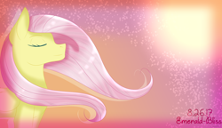 Size: 2600x1500 | Tagged: safe, artist:chaostrical, artist:emerald-bliss, fluttershy, pegasus, pony, eyes closed, female, mare, smiling, solo, windswept mane