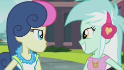 Size: 661x372 | Tagged: safe, screencap, bon bon, lyra heartstrings, sweetie drops, all's fair in love and friendship games, equestria girls, duo, looking at each other, smiling