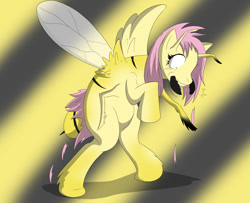 Size: 1024x830 | Tagged: safe, artist:tfsubmissions, fluttershy, bee, pegasus, pony, antennae, extra legs, flutterbee, hair loss, insect wings, literal, mandibles, nightmare fuel, stinger, stripes, terrified, transformation, yellowjacket