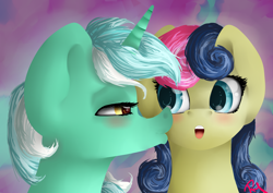 Size: 3496x2480 | Tagged: safe, artist:moon-wing, bon bon, lyra heartstrings, sweetie drops, earth pony, pony, unicorn, abstract background, female, kiss on the cheek, kissing, lesbian, lyrabon, mare, shipping