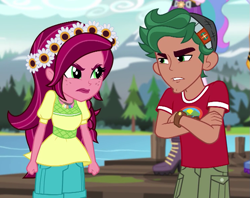 Size: 743x587 | Tagged: safe, screencap, gloriosa daisy, princess celestia, principal celestia, timber spruce, equestria girls, legend of everfree, angry, camp everfree logo, camp everfree outfits, clothes, cropped, crossed arms, female, flower, flower in hair, geode of fauna, geode of shielding, geode of sugar bombs, geode of super speed, geode of super strength, magical geodes, male, water