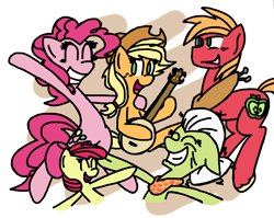 Size: 2447x1944 | Tagged: safe, artist:toothpastethy, apple bloom, applejack, big macintosh, granny smith, pinkie pie, earth pony, pony, pinkie apple pie, apple family, apples to the core, banjo, eyes closed, male, musical instrument, open mouth, stallion