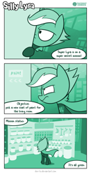 Size: 726x1387 | Tagged: safe, artist:dori-to, lyra heartstrings, pony, comic:silly lyra, comic, female, green, greenscale, mare, monochrome, superhero