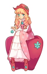 Size: 623x966 | Tagged: safe, artist:dusty-munji, applejack, spirit of hearth's warming past, human, a hearth's warming tail, apple, beautiful, clothes, dress, food, humanized, simple background, solo