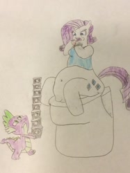 Size: 772x1034 | Tagged: safe, artist:snipiper, rarity, spike, dragon, pony, unicorn, but why, food, ice cream, stuck, toilet, traditional art