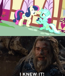 Size: 432x509 | Tagged: safe, edit, edited screencap, screencap, bon bon, lyra heartstrings, sweetie drops, earth pony, pony, unicorn, the big mac question, avengers: endgame, box, canon ship, chris hemsworth, cropped, female, it happened, kneeling, lesbian, lyrabon, mare, marriage proposal, marvel, marvel cinematic universe, meme, raised hoof, ring, shipping, thor