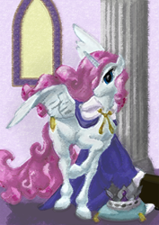 Size: 588x832 | Tagged: safe, artist:ultraspacemobile, princess celestia, alicorn, pony, alternate hairstyle, cape, clothes, crown, jewelry, painting, pink mane, regalia