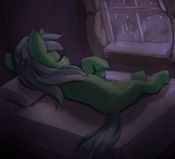 Size: 750x682 | Tagged: artist needed, source needed, safe, lyra heartstrings, pony, unicorn, bed, bedroom, crying, eyes closed, feels, female, lying, mare, night, on side, rain, sad, solo, window