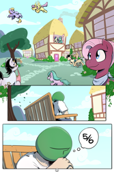 Size: 800x1200 | Tagged: safe, artist:shoutingisfun, aura (character), bon bon, cloud kicker, jasmine leaf, lyra heartstrings, mayor mare, parasol, star dancer, sweetie drops, oc, oc:anon, earth pony, human, pegasus, pony, unicorn, comic:one left, bench, comic, eyes closed, female, filly, human male, male, mare, mouth hold, neckerchief, open mouth, ponyville, sitting, smiling, thought bubble