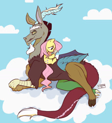 Size: 1280x1396 | Tagged: safe, artist:sharkam0, discord, fluttershy, pegasus, pony, book, cloud, cute, discoshy, discute, female, male, on a cloud, reading, shipping, straight