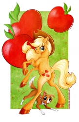 Size: 1024x1583 | Tagged: safe, artist:jessicavernell, applejack, winona, earth pony, pony, looking back, rearing