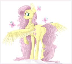 Size: 3364x2982 | Tagged: safe, artist:holoriot, fluttershy, butterfly, pegasus, pony, chest fluff, cute, dock, female, long mane, looking at you, looking back, looking back at you, mare, plot, raised hoof, simple background, solo, white background