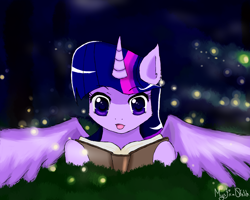 Size: 1280x1024 | Tagged: safe, artist:mysticalsketch, derpibooru import, twilight sparkle, twilight sparkle (alicorn), alicorn, firefly (insect), pony, book, cute, female, grass, mare, night, open mouth, prone, reading, smiling, solo, spread wings