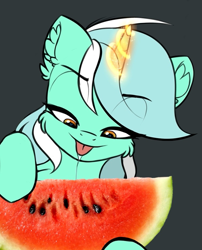 Size: 753x934 | Tagged: safe, artist:airfly-pony, edit, lyra heartstrings, unicorn, female, food, glowing horn, herbivore, horn, solo, watermelon