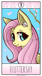 Size: 1000x1800 | Tagged: safe, artist:otanuki, fluttershy, pegasus, pony, bust, card, cute, ear fluff, looking at you, looking sideways, name, portrait, shyabetes, solo