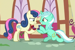 Size: 713x472 | Tagged: safe, edit, screencap, bon bon, lyra heartstrings, sweetie drops, pony, the big mac question, bon bon is amused, couple, cropped, female, it happened, lesbian, lyrabon, marriage proposal, ponyville, ring, rotated, shipping, smiling, upscaled