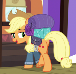 Size: 524x507 | Tagged: safe, screencap, applejack, earth pony, pony, dungeons and discords, bedroll, cropped, female, freckles, lidded eyes, mare, open mouth, plot, saddle bag, solo