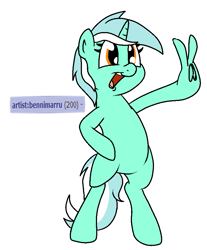 Size: 753x911 | Tagged: safe, artist:bennimarru, derpibooru exclusive, lyra heartstrings, bipedal, colored, derpibooru, fingers, flat colors, hoof fingers, meta, open mouth, peace sign, simple background, smiling, solo, suddenly hands, tags, that pony sure does love humans, white background