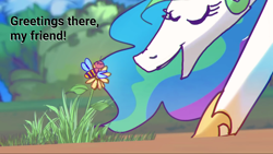 Size: 1920x1080 | Tagged: safe, artist:alumx, edit, princess celestia, alicorn, bee, insect, pony, bent over, female, flower, hello friend (animation), mare, plant, talking, text edit